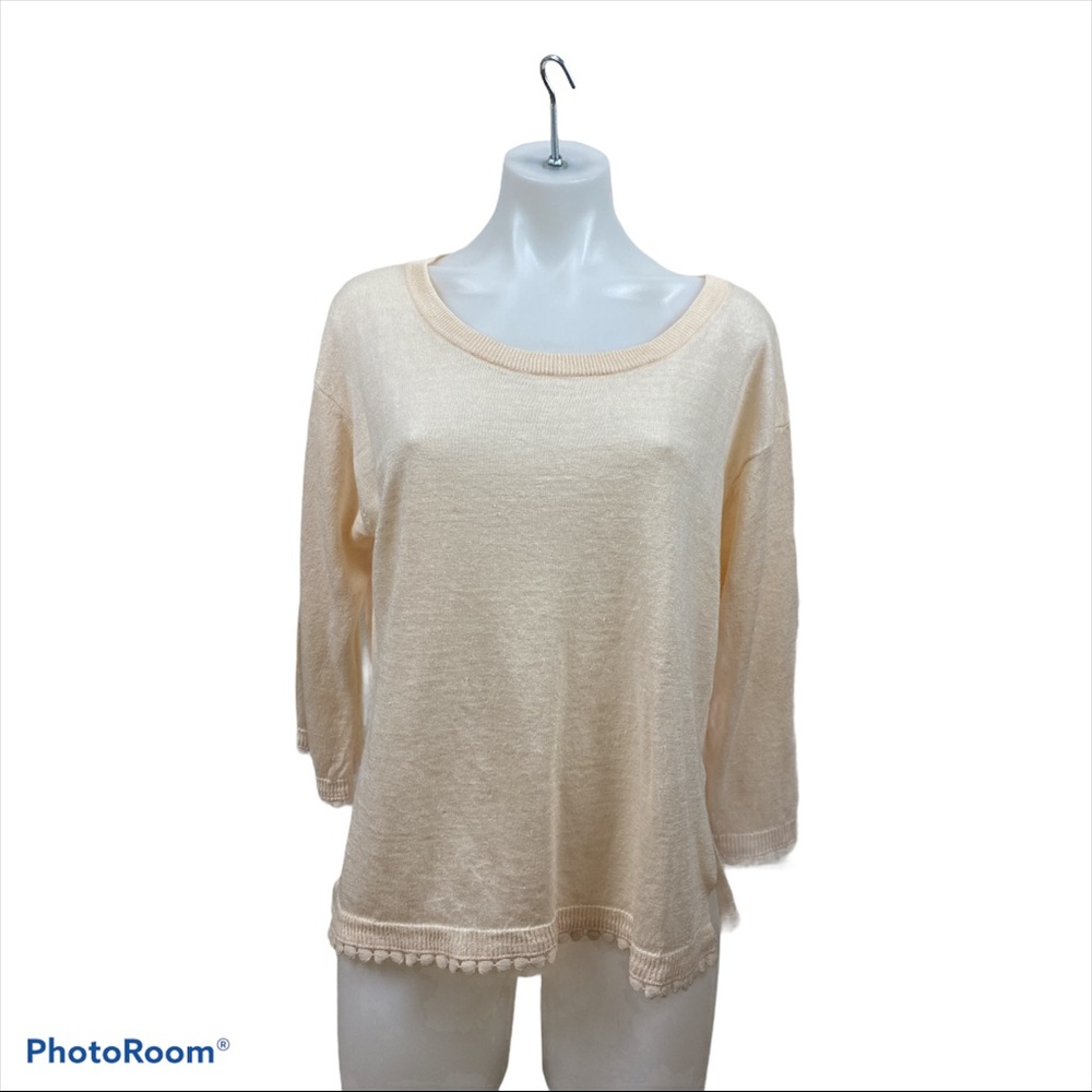 J. CREW Cream Peach Scoop Neck Lightweight Linen Sweater Pompom Trim 3/4 Sleeve